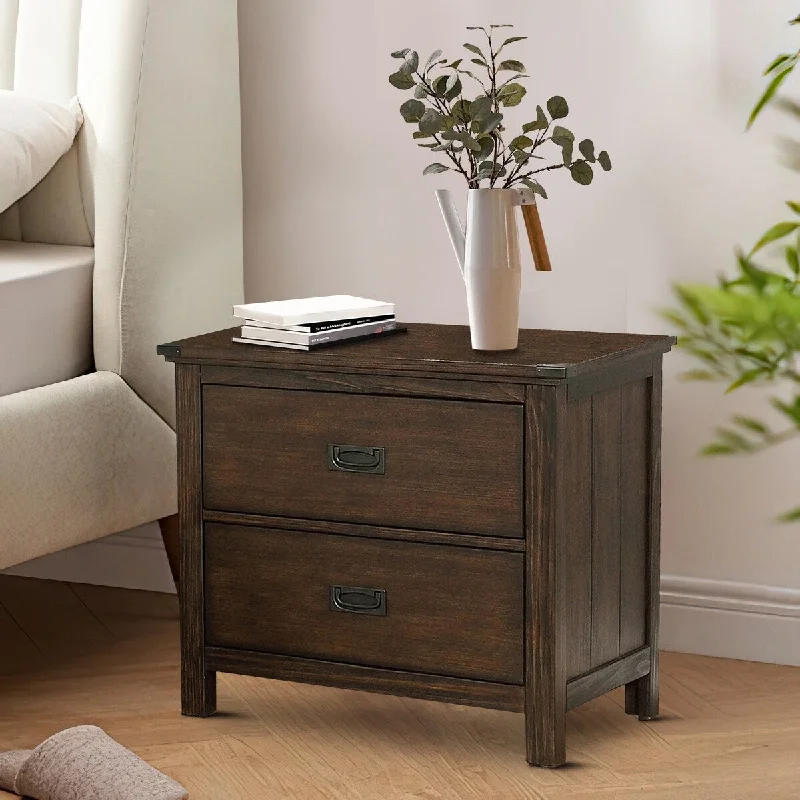 Kenny 26 Inch Wood Nightstand, 2 Drawers, Antique Handles, Walnut Brown