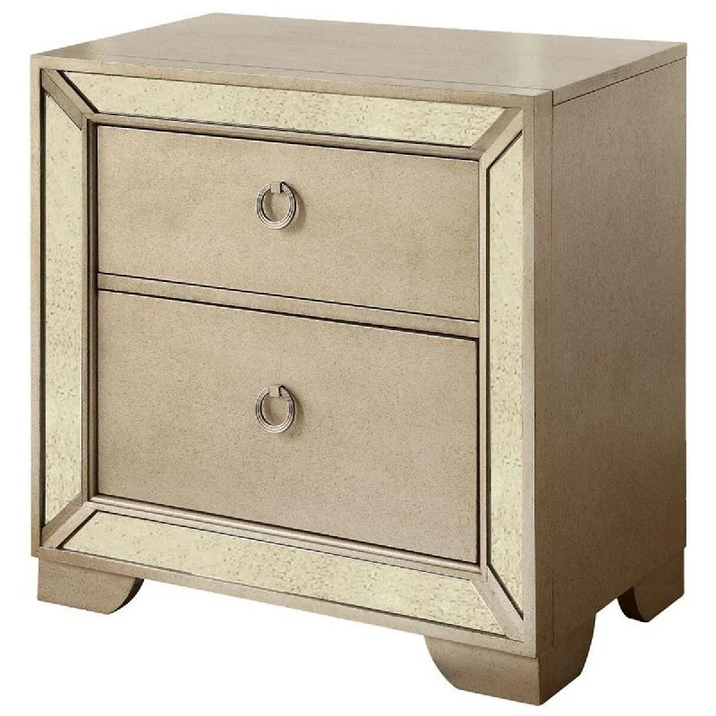 Leena 30 Inch Nightstand, Mirror Trim, 2 Gliding Drawers, Champagne Gold