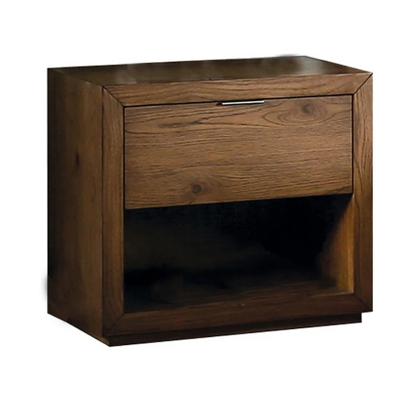 Lier 26 Inch Nightstand, Walnut Brown Wood, Single Drawer, Open Shelf