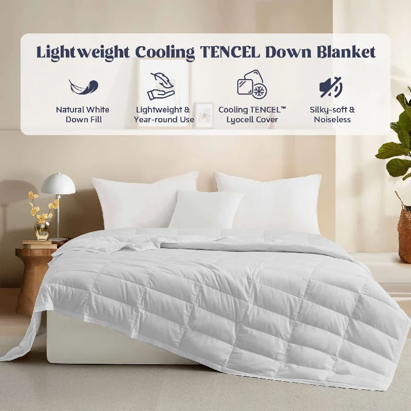 Lightweight Cooling Tencel White Down Blanket Oversize Satin Trim Design, Cool Touch Comforter