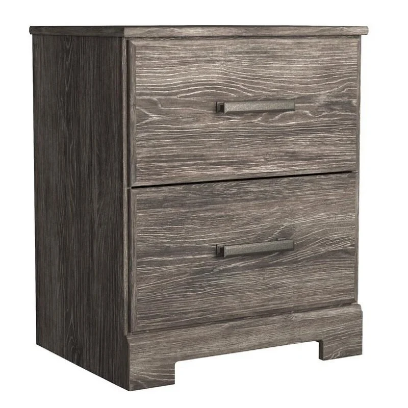 Lin 24 Inch Rustic Wood Nightstand, 2 Drawers, Gray Oak Grain Details