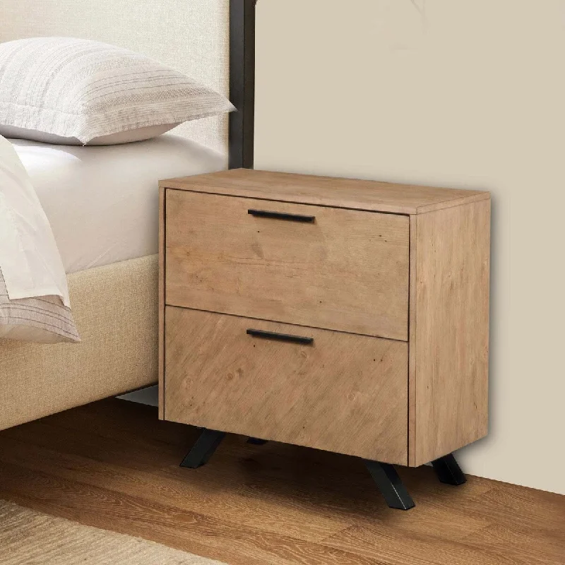 Log 29 Inch 2 Drawer Nightstand with Dual USB Ports, Natural Brown Finish