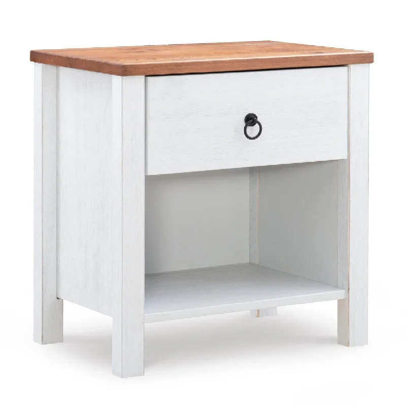 Maxe 23 Inch Modern Nightstand with 1 Drawer, Ring Handle, Brown, White