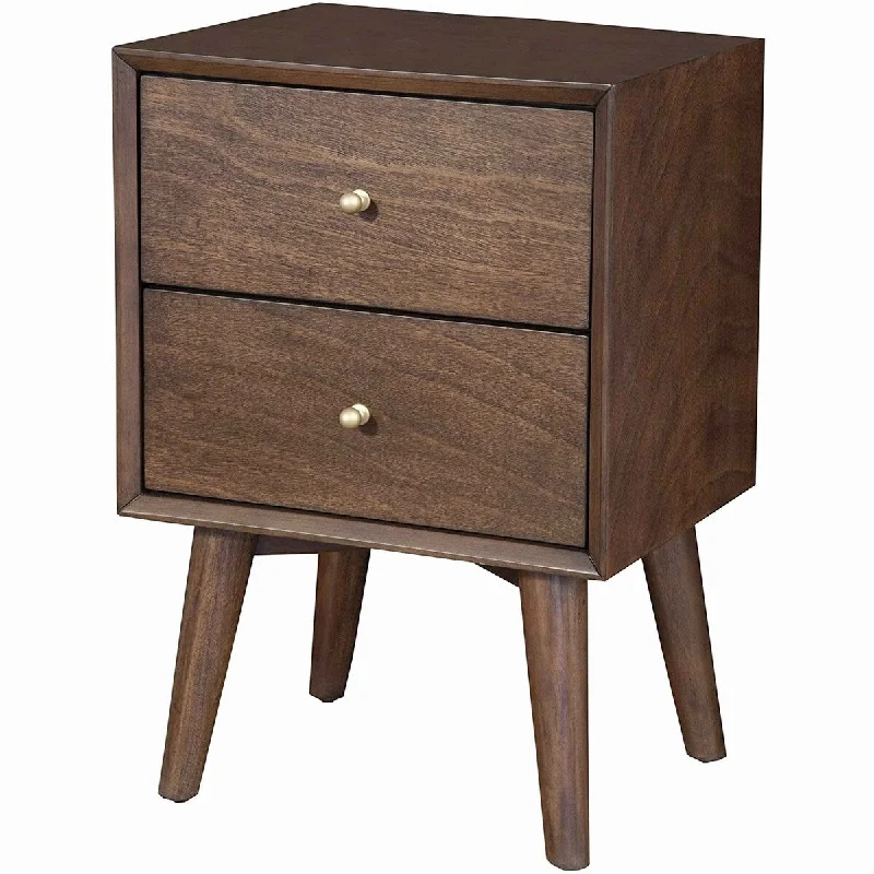 Mid Century Modern Wooden Nightstand with 2 Drawers and Slanted Legs, Brown