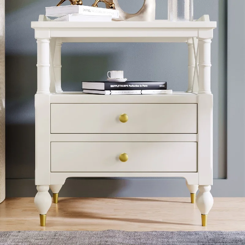 Modern 2-drawer Nightstand, Solid Wood Frame, Easy Pull Metal Glides, Removable Hardware