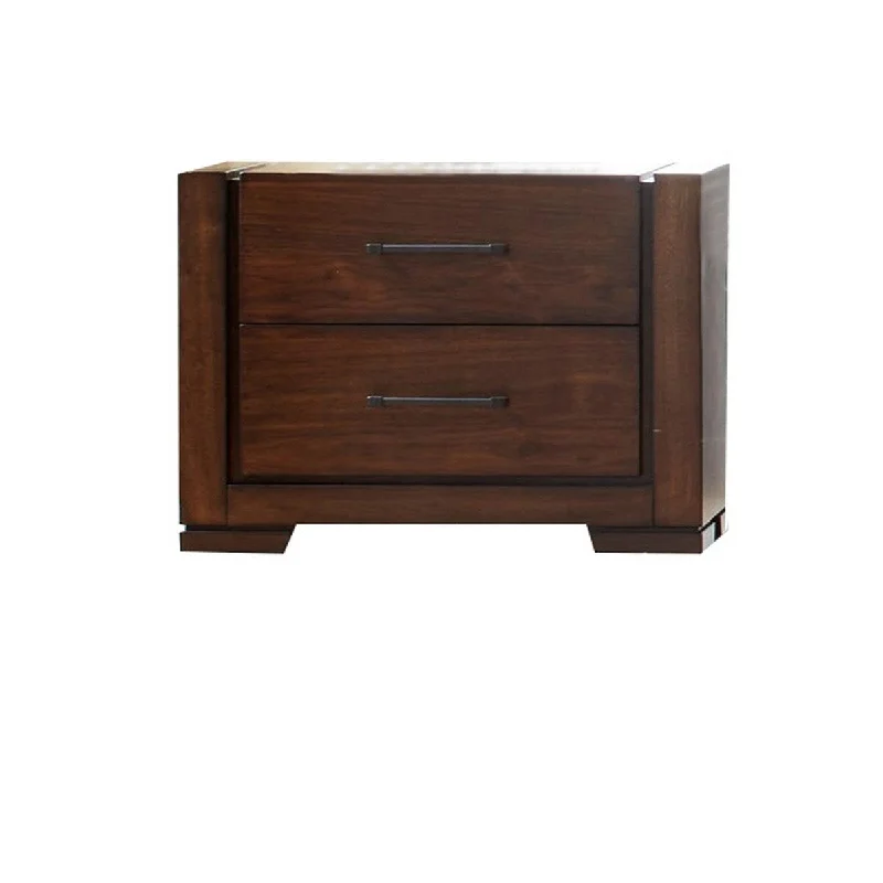 Modern Nightstand with 2 Drawers and Wood Grain Details, Dark Brown