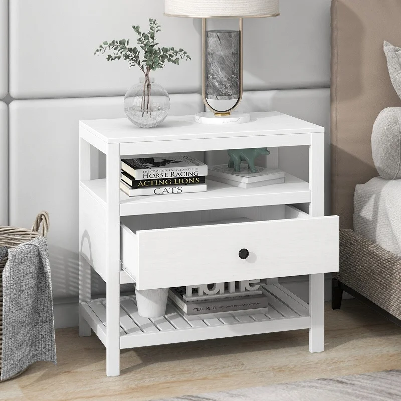 Modern Pine Clean-Lined 1-drawer Nightstand with 2 Storage Shelf&Knob