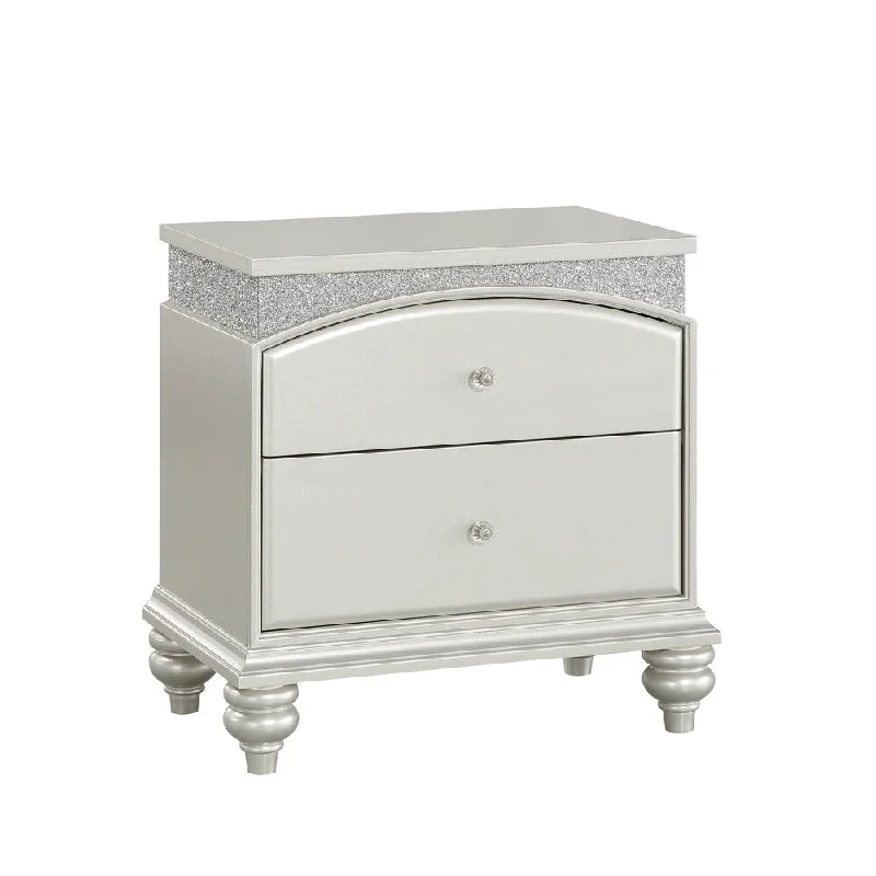 Modern Style 2 Drawer Wooden Nightstand with Rhinestone Inlays, Silver