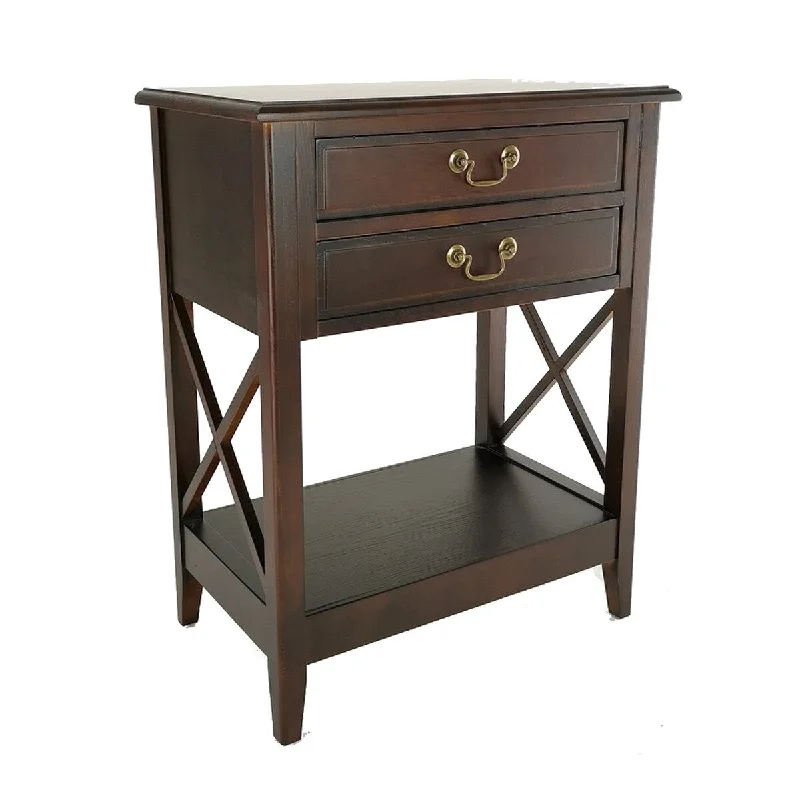 Nightstand with 2 Drawers and Criss Cross Sides, Espresso Brown