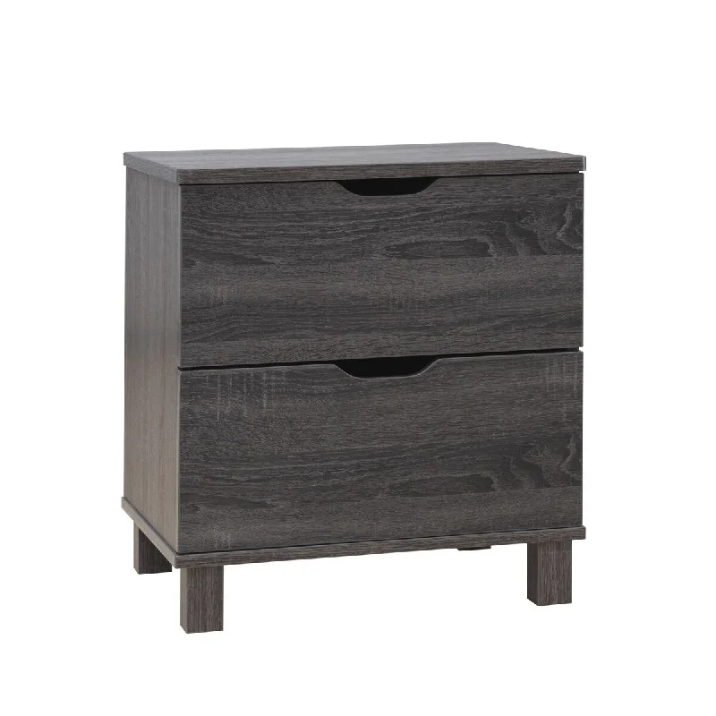 Nightstand with 2 Drawers and Cut Out Pulls, Distressed Gray