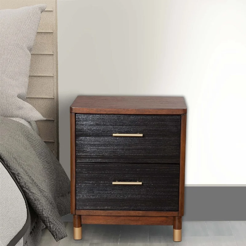 Nightstand with 2 Drawers and Round Legs, Brown and Black