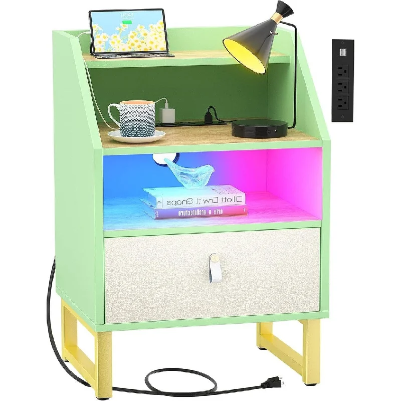 Nightstand with Charging Station and LED Light 15.8"D x 15.8"W x 29.8"H