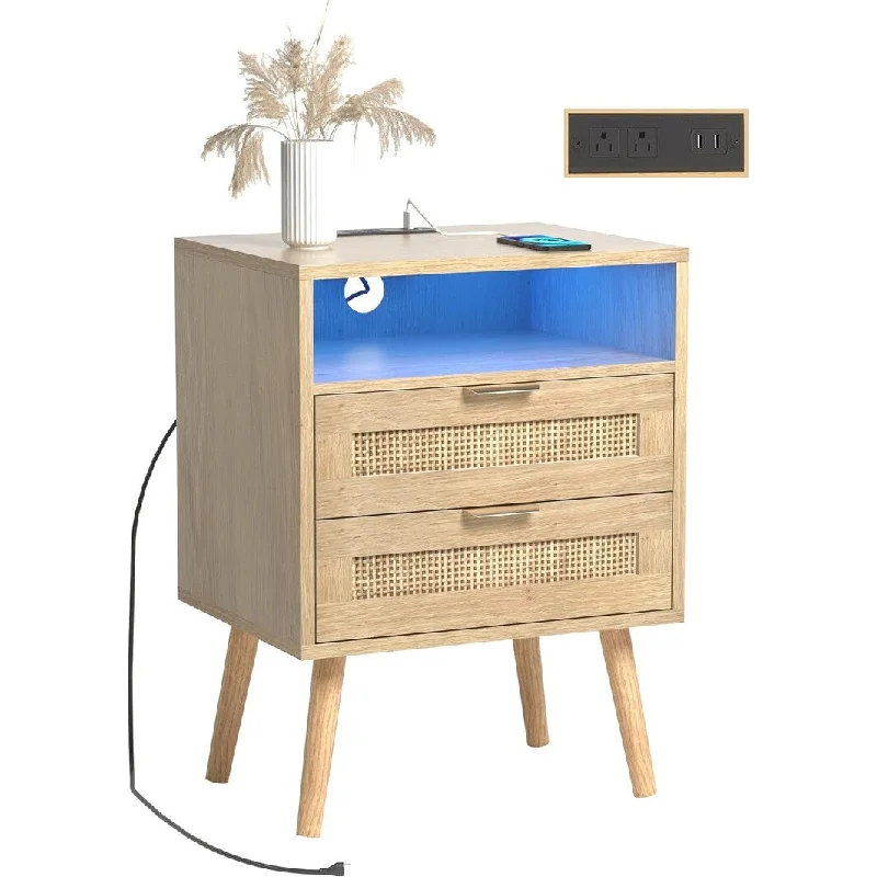 Nightstand with Charging Station USB Port Led Lights and 2 Storage 13.78"D x 17.72"W x 23.62"H