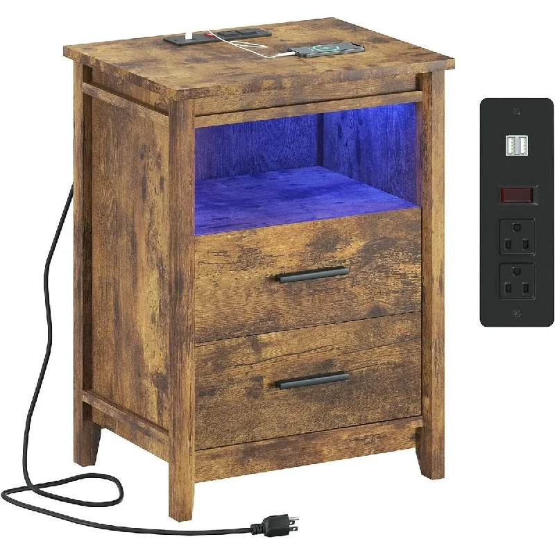 Nightstand with LED Lights and Charging Station, 2 Drawers End 13.8"D x 17.7"W x 23.6"H