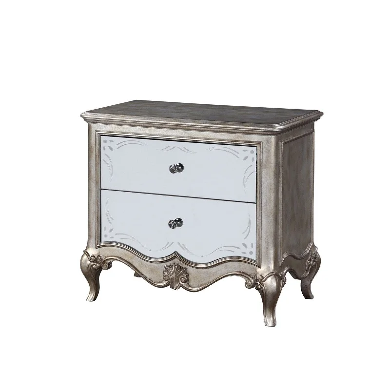 Nightstand with Mirror Front and Molded Trim, Antique Silver