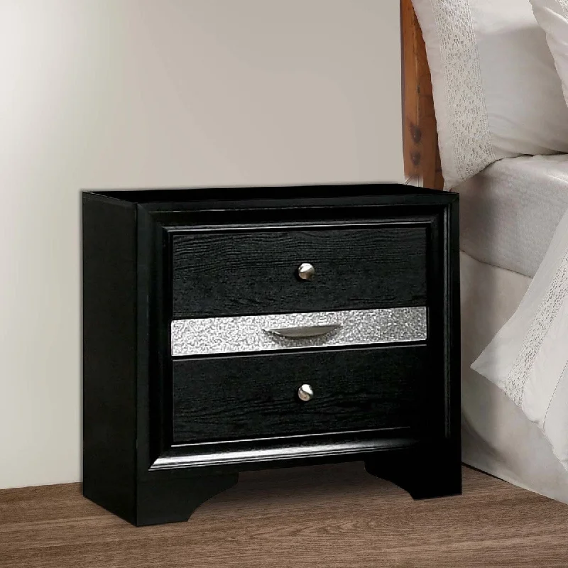 Nightstand with Silver Trim Accent and 1 Jewelry Drawer, Black