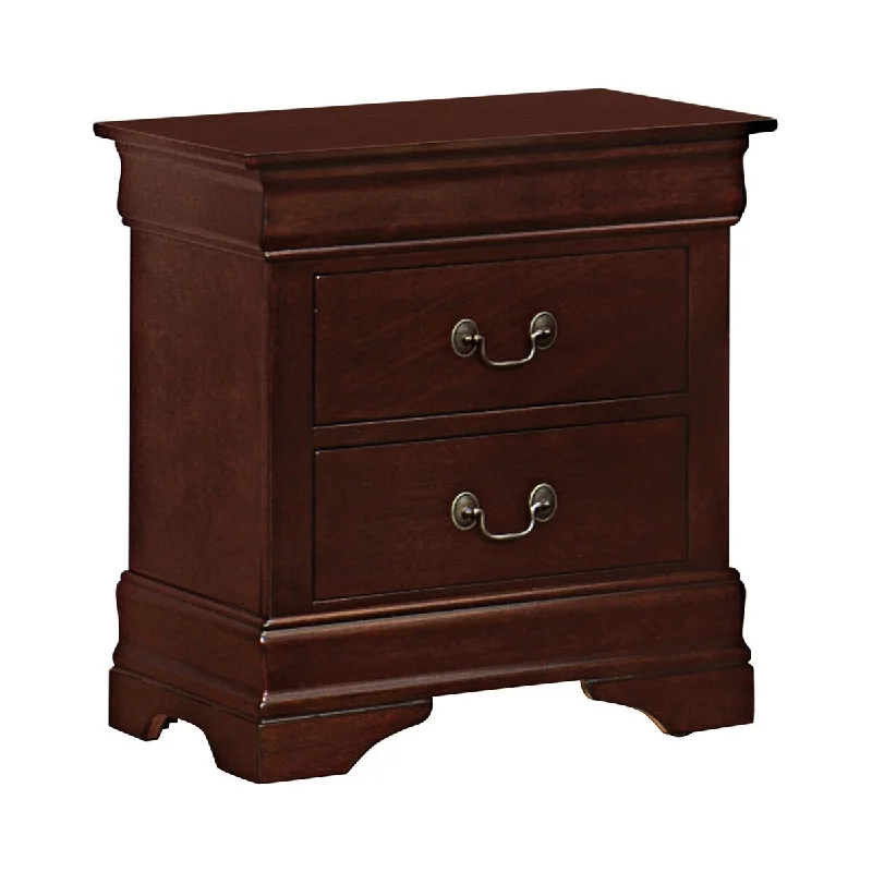 Nim 24 Inch 2 Drawer Nightstand, Classic Trim, Antique Brass Handles, Brown