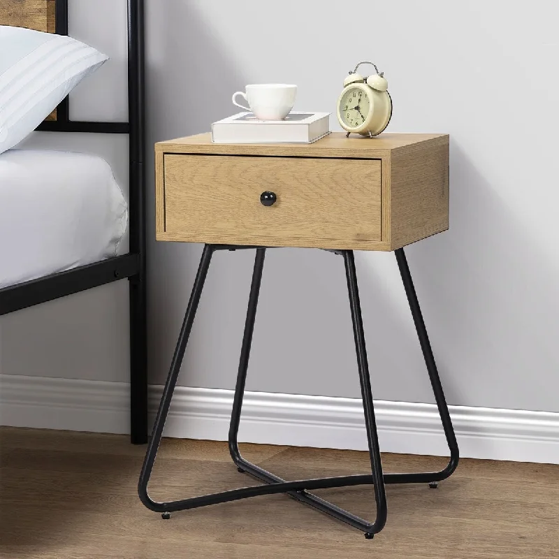 Oak P2 MDF Modern Night Stand with Drawer and Cross Legs - Small Space Storage - Set of 2 - Contemporary Design