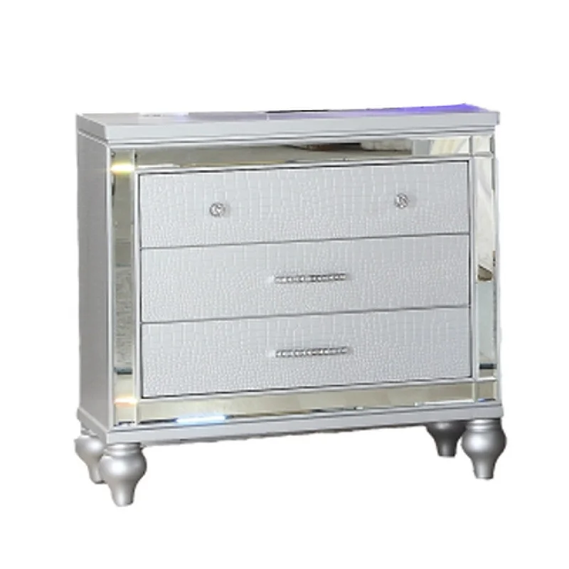 Oka 28 Inch 3 Drawer Nightstand, Mirror Trim, Crystal Accent, Silver Wood