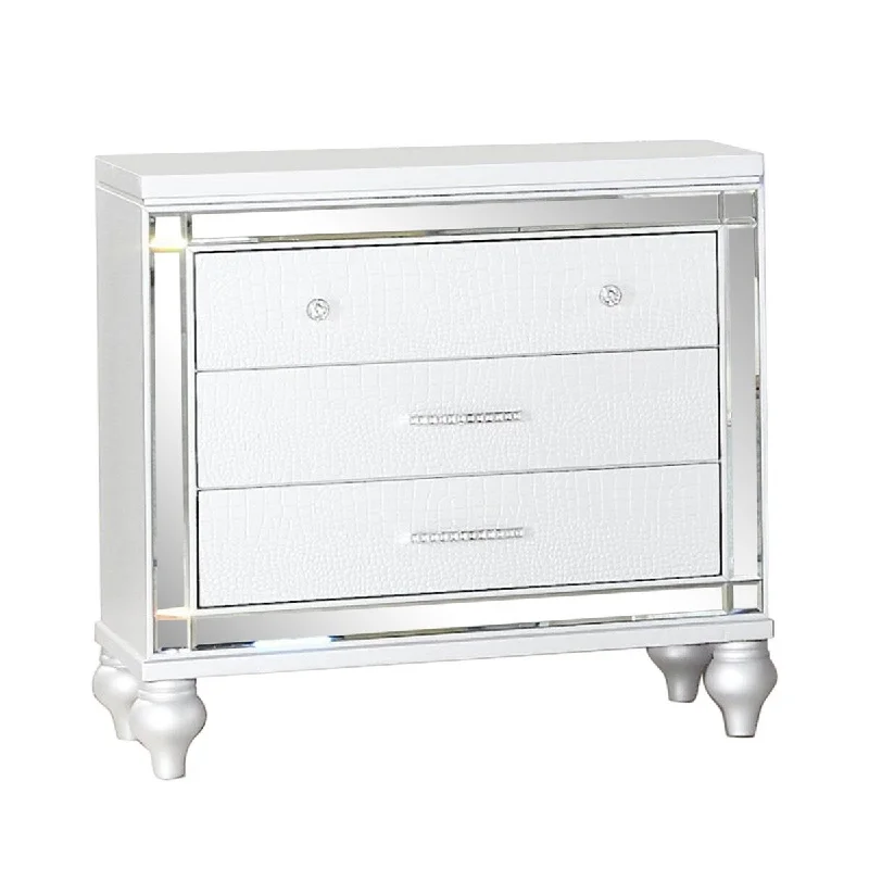 Oka 28 Inch 3 Drawer Nightstand, Mirror Trim, Crystal Accent, White Wood