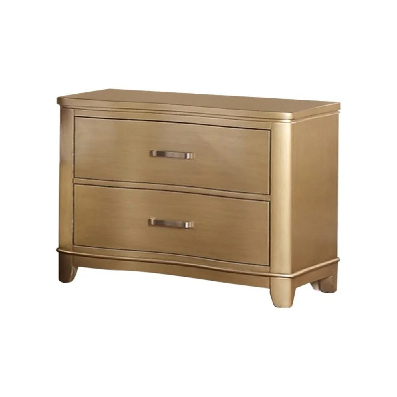 Pine Wood Nightstand with Two Drawers on Metal Glides, Gold