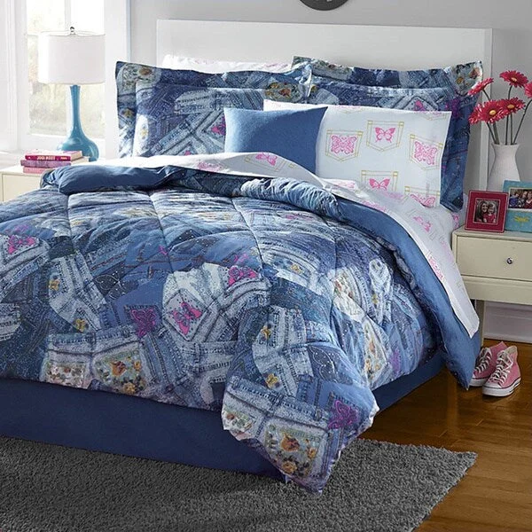 Pocket Full of Butterflies Blue Jean Print Comforter Set