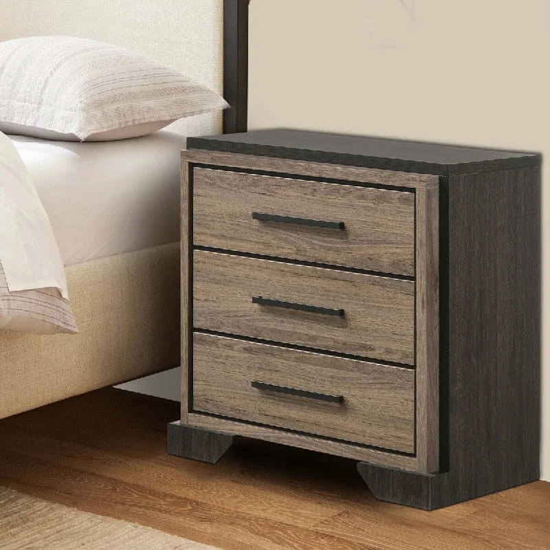 Qiz 30 Inch 3 Drawer Rustic Nightstand, Wood Grain Details, Dark Brown