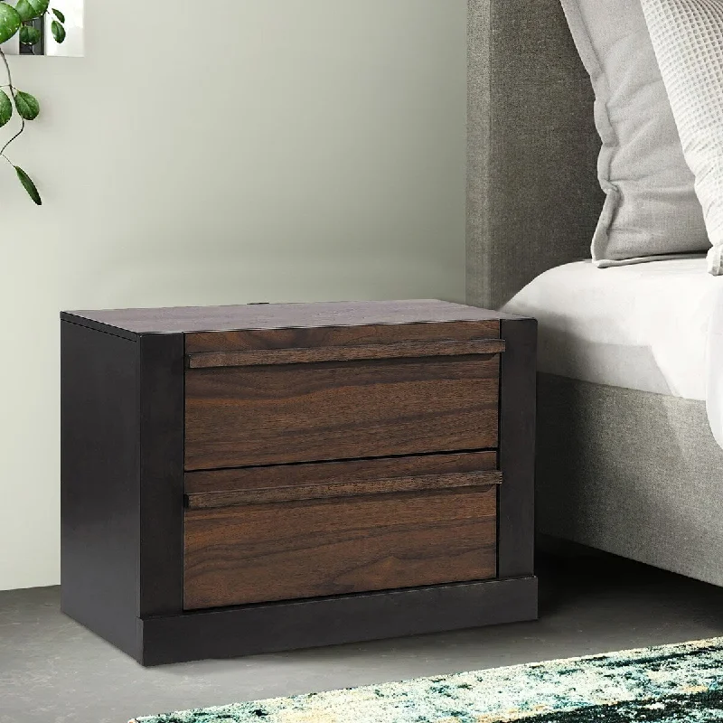 Ras 26 Inch 2 Drawer Nightstand, Felt Lined, 2 USB Ports, Walnut Brown