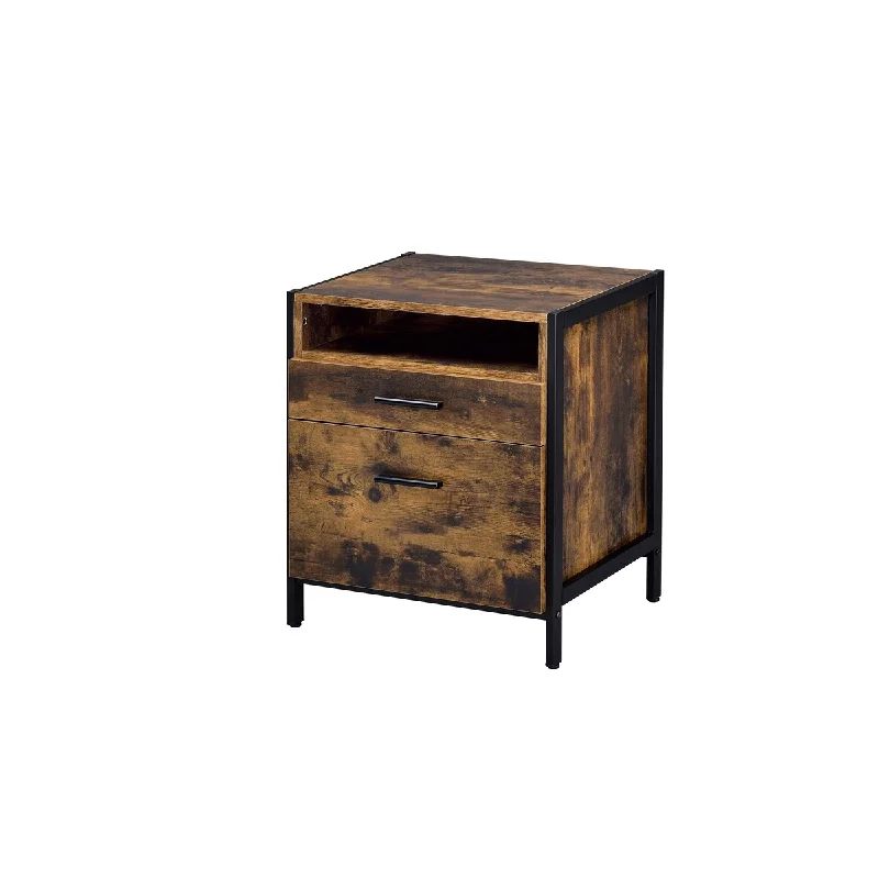 Retro fashion and practical Nightstand in Rustic Oak & Black Finish, 2 Storage Drawers & 1 Open Compartment