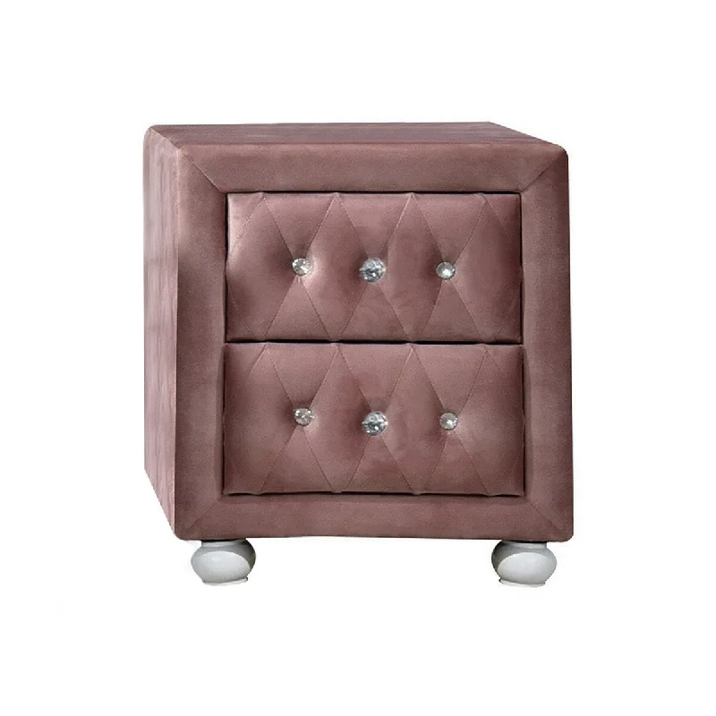 Rex 17 Inch Modern Upholstered Nightstand, 2 Drawer, Crystal Handles, Pink