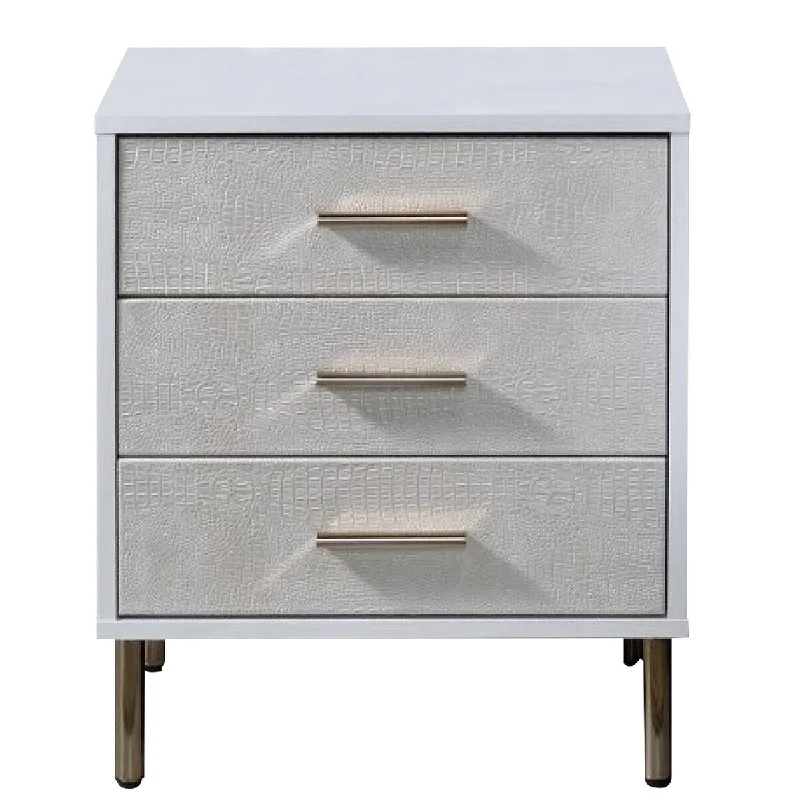 San 19 Inch Glamorous Nightstand, 3 Drawers, White, Cream, Gold