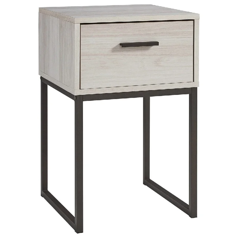 Sia 20 Inch Modern Wood Nightstand, 1 Gliding Drawer, Metal Base, Oak, Black