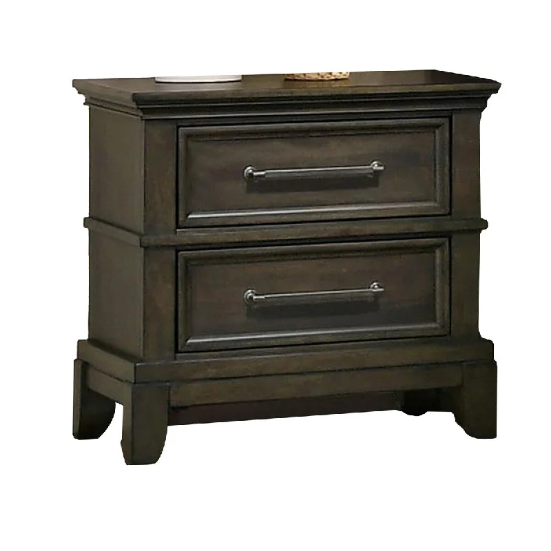 Ston 26 Inch Nightstand, 2 Drawers, Pewter Handles, Crown Mold, Wood, Gray