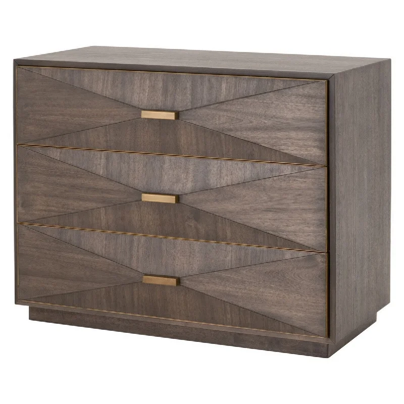 Tneo 38 Inch 3 Drawer Rubberwood Nightstand, Faceted Front Panel, Brown