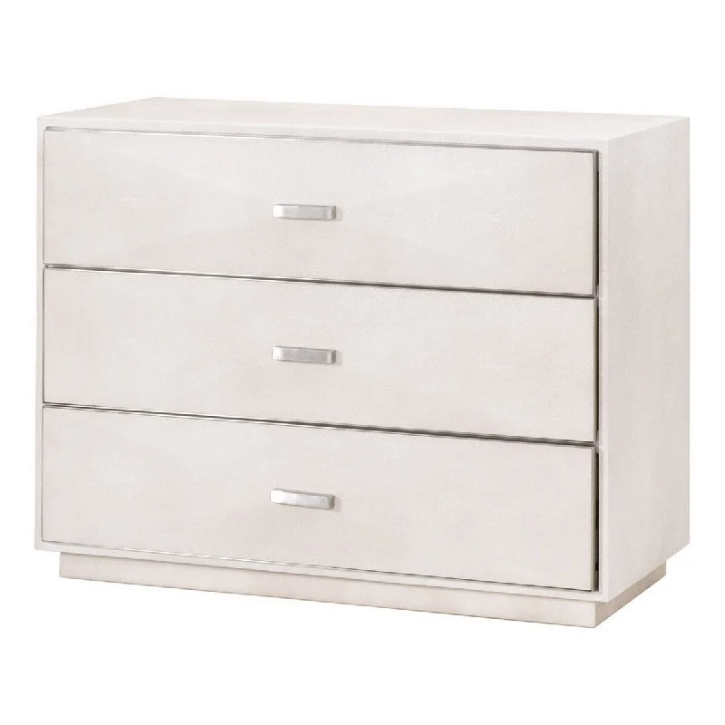 Tneo 38 Inch 3 Drawer Rubberwood Nightstand, Faceted Front Panel, White