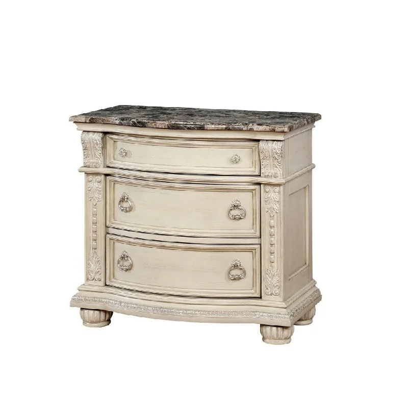 Traditional Cream Finish 3-drawer Wood Nightstand with Marble Top