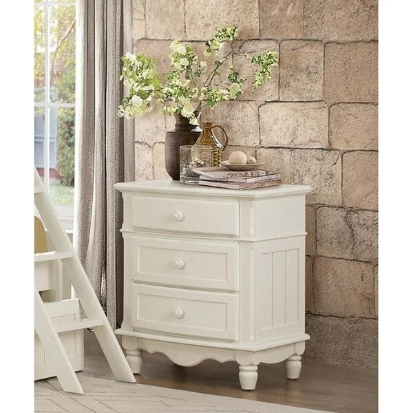 Traditional Night Stand with 3 Drawers In Wood White