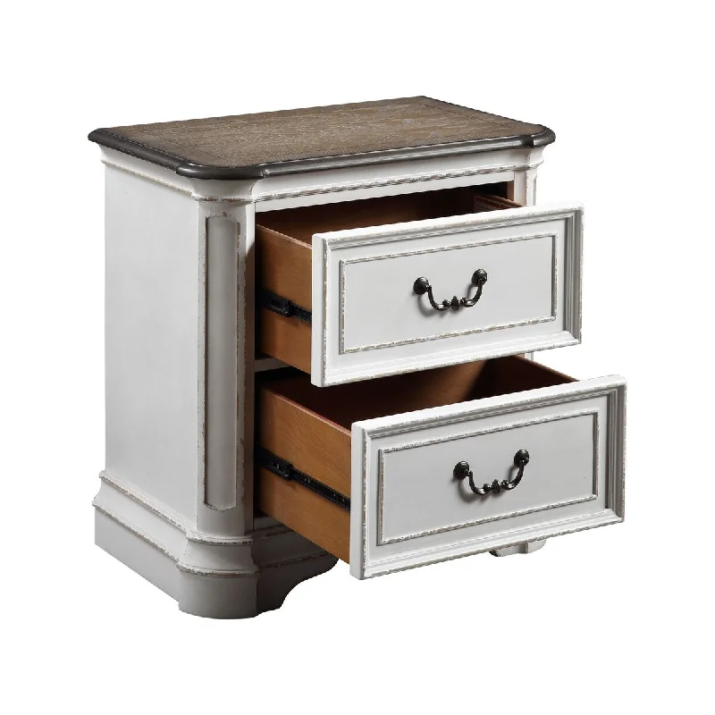 Transitional Florian Poplar Wood 2-drawer Nightstand in Antique White & Oak Finish, 28"L x 17"W x 28"H