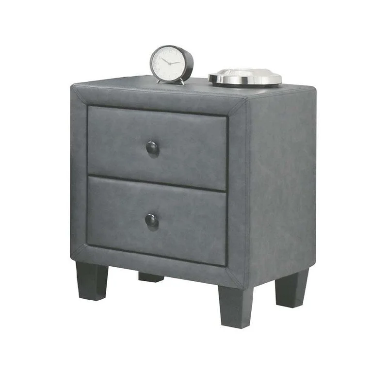 Transitional Saveria Gray PU Leather 2-drawer Nightstand with Wood Tapered Leg and Knob, 19"L x 16"W x 22"H