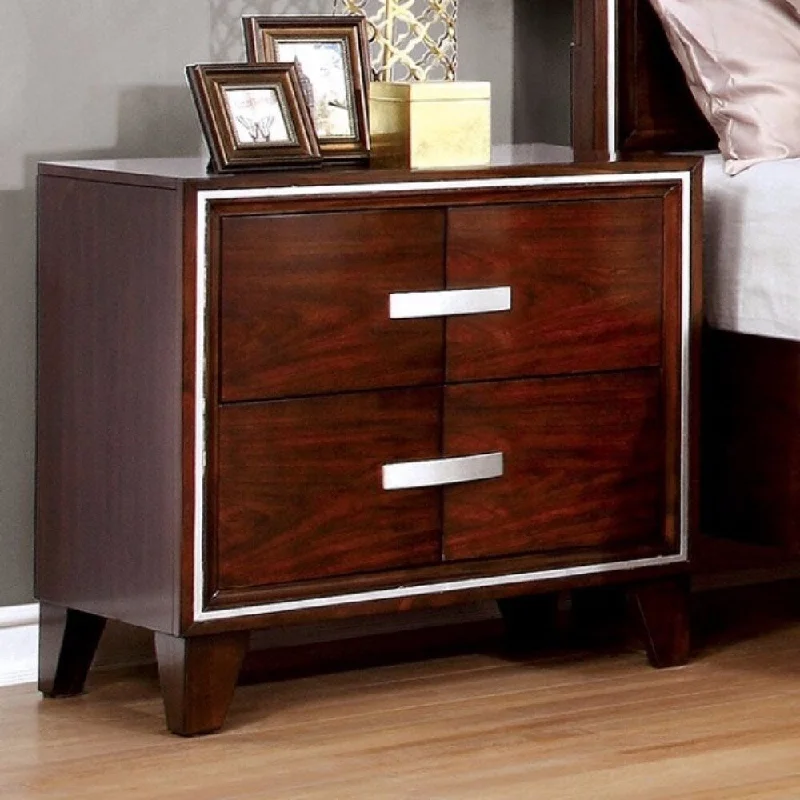 Two Drawer Solid Wood Nightstand with Silver Trim Accent, Cherry Brown