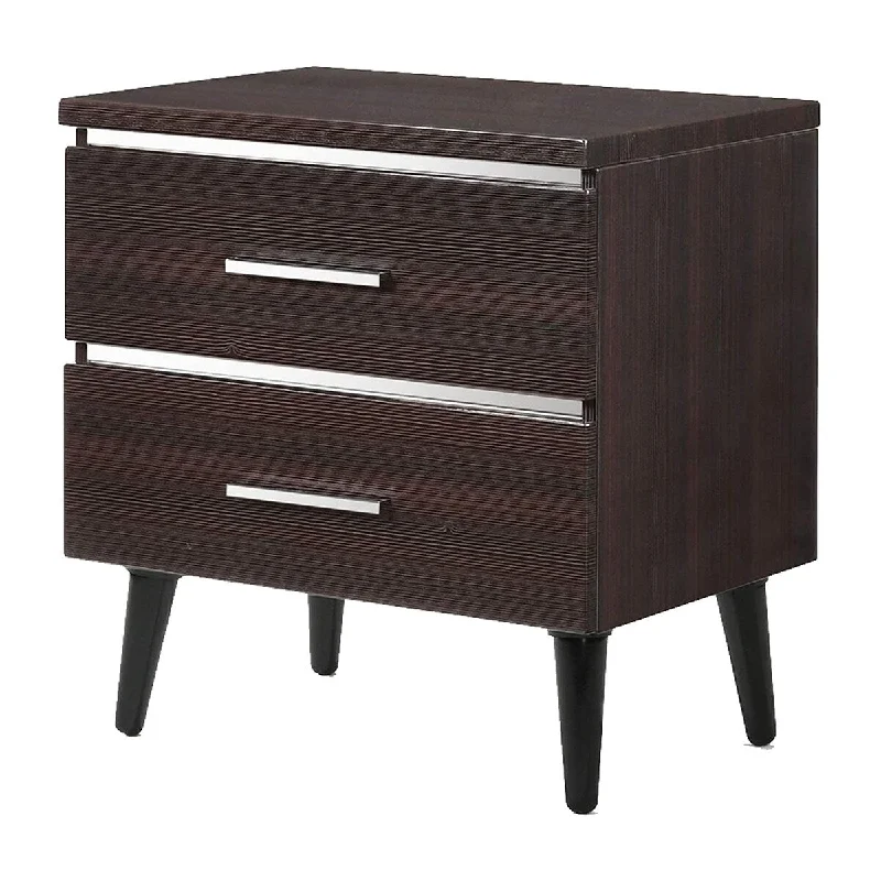 Two Drawers Wooden Nightstand with Tapered Legs, Brown