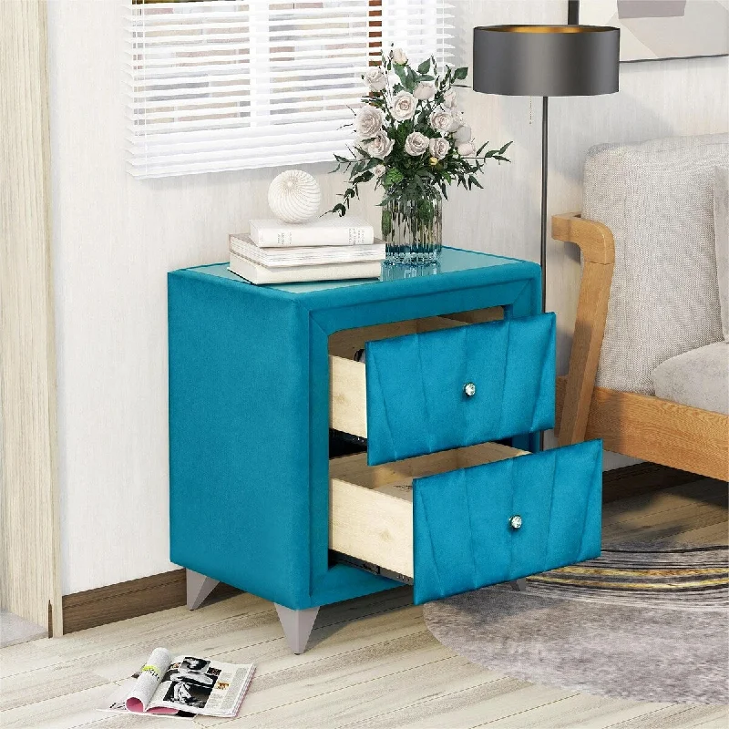 Upholstered Velvet Wooden Nightstand with Two Drawers , With Glass Worktop