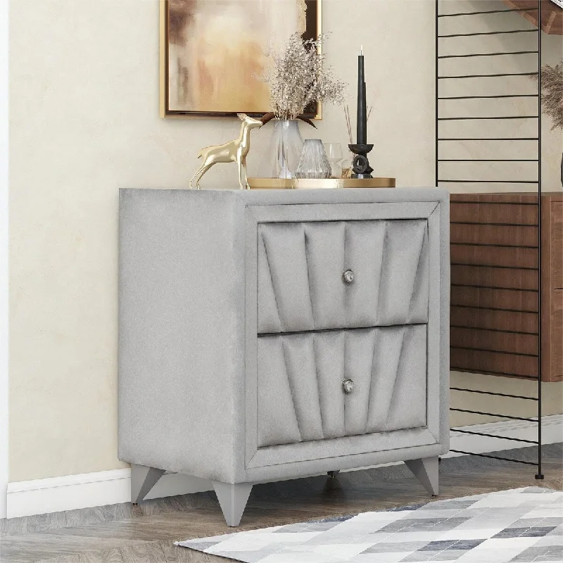 Upholstered Velvet Wooden Nightstand with Two Drawers , With Glass Worktop