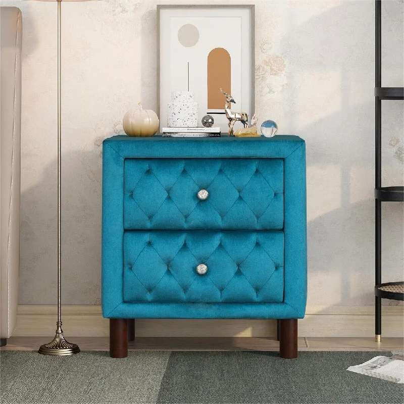 Upholstered Wooden Nightstand with Two Drawers , with Velvet Fabric