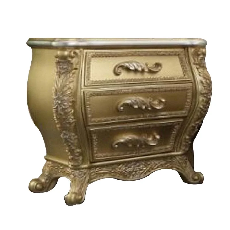 Vega 32 Inch Nightstand, 3 Drawers, Scrolled Elegant Gold Floral Motifs