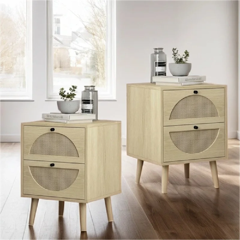 Wood Nightstand with Rattan Storage Drawers and Legs (Set of 2)