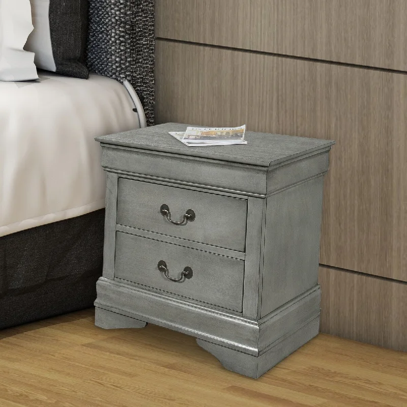 Wooden Frame Nightstand with 2 Drawers and Bracket Feet, Gray