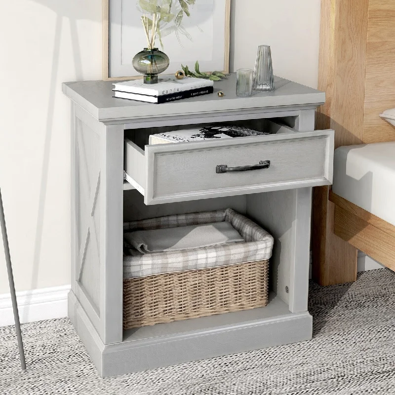 Wooden Modern Nightstand with Drawer, Open Storage for Living Room, Easy Assembly