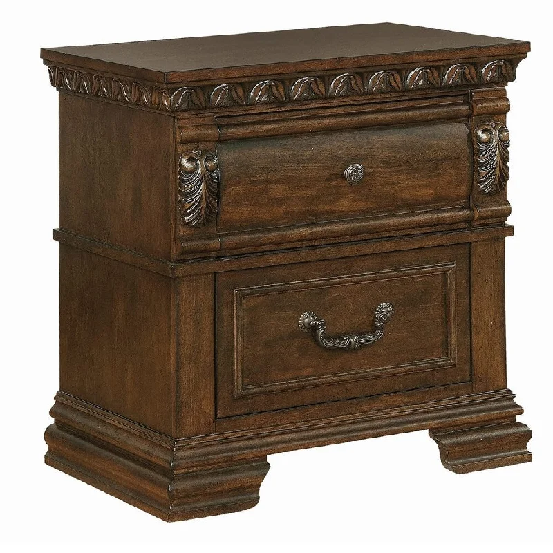 Wooden Nightstand with Carvings on Apron and 2 Spacious Drawers, Brown