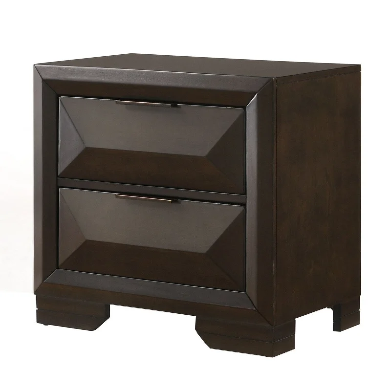 Wooden Nightstand with Dramatic Bevel Drawer Fronts, Espresso Brown